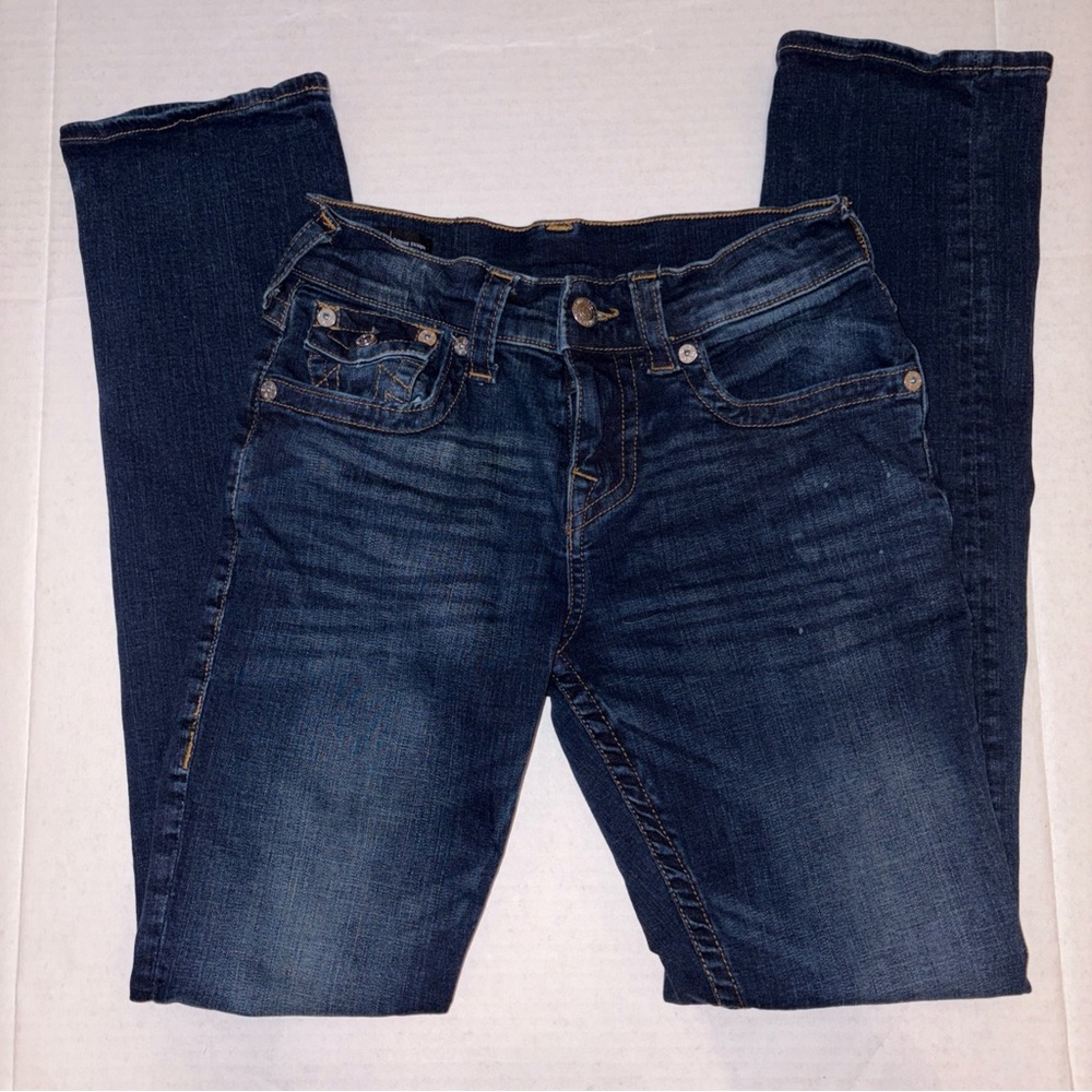 True Religion Womens Blue Contrast Ricky Relaxed Straight Jeans Sz 28
